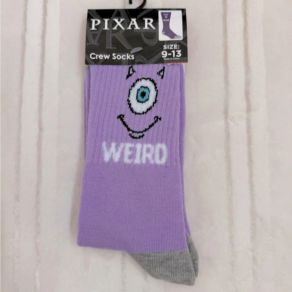 Disney Pixar Stay Weird Purple and Gray Crew Socks Size 9-13